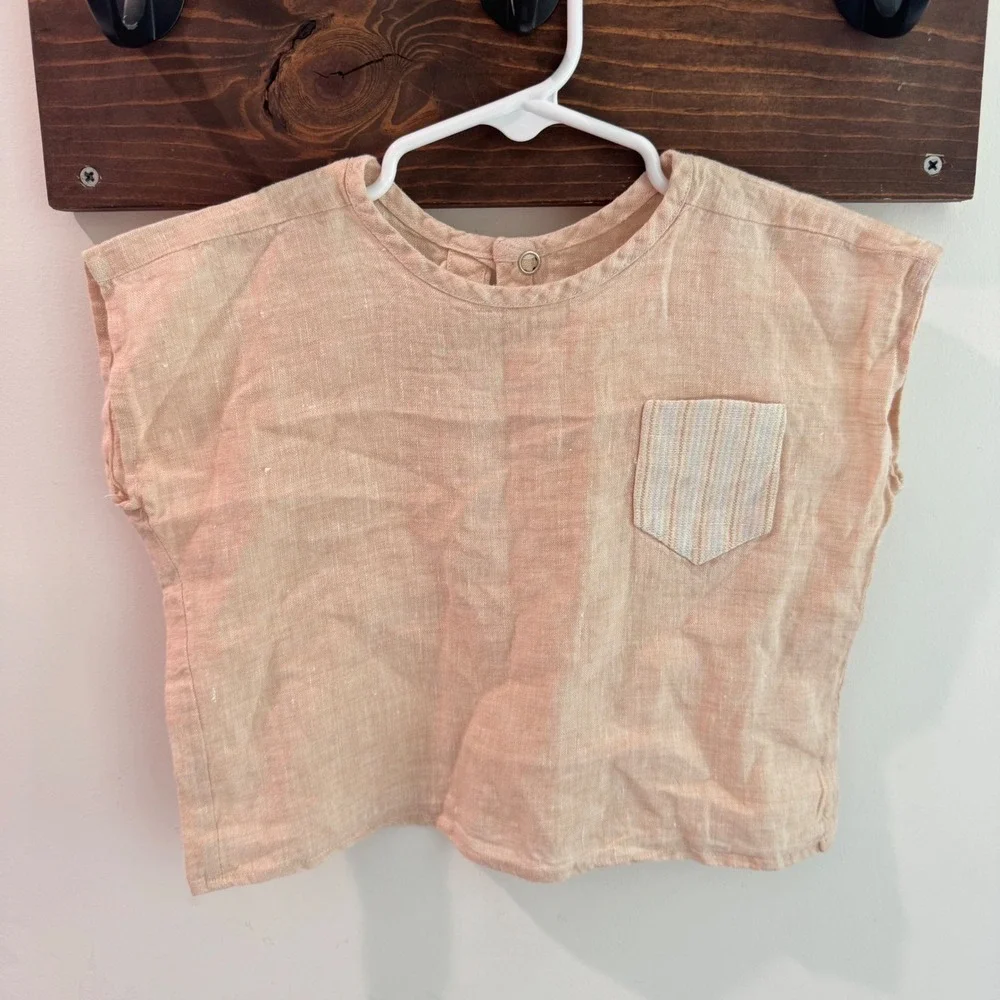 Beya Made Kids Peach Linen Blend Short Sleeve Pocket Top Size 2T